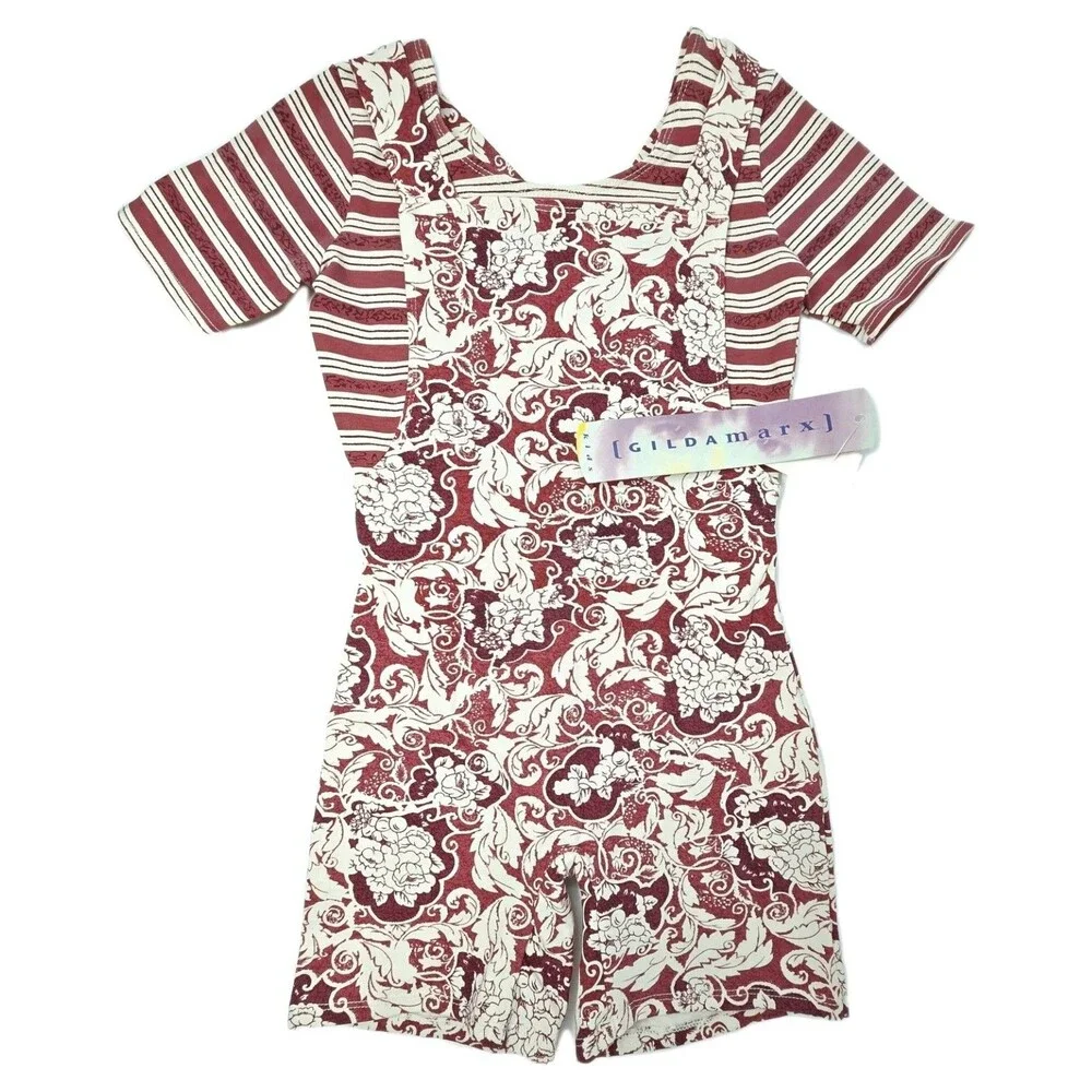 Gilda Marx Y2K 90s Floral Damask Cotton Shortall Biketard Cream Mauve Girls Size